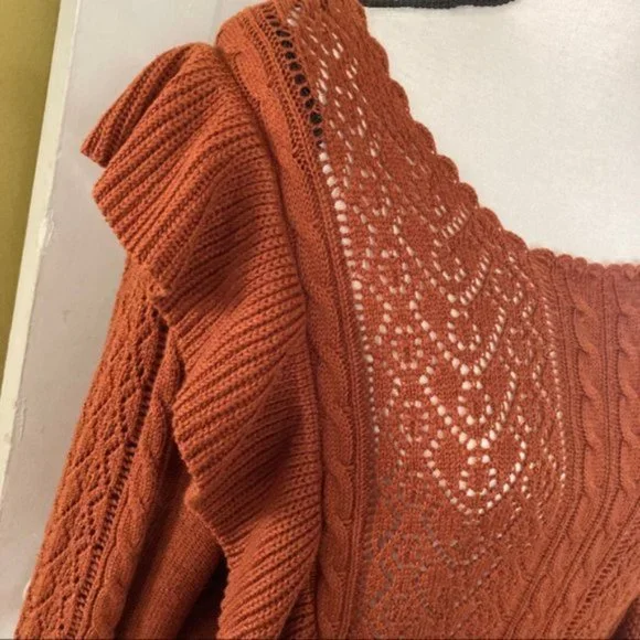 Chelsea & Violet Rust Ruffle Pointelle Sweater L - Picture 8 of 11